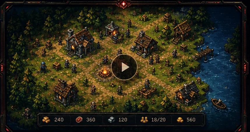 Pixel strategy settlement beside water