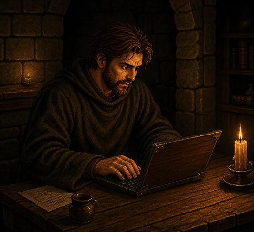 Illustration: a hooded figure working at a laptop by candlelight in a stone room, rendered in warm pixel art.